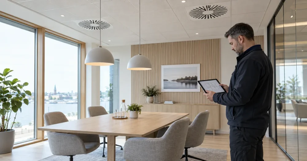 Fastighetsansvarig granskar ett mötesrum med ventilationsdon i taket